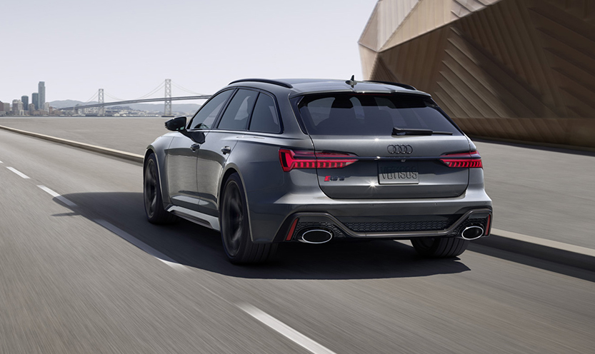 Rear view of an Audi RS6 Performance in motion.