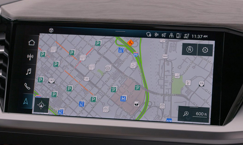 Gros plan sur la fonction de planification d'itinéraire sur l'écran Audi MMI.