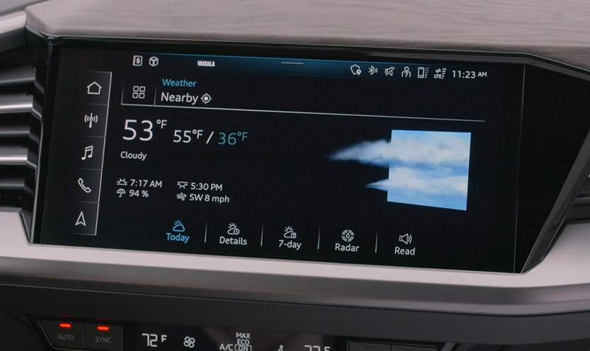 Gros plan sur la fonction météo sur l’écran Audi MMI.