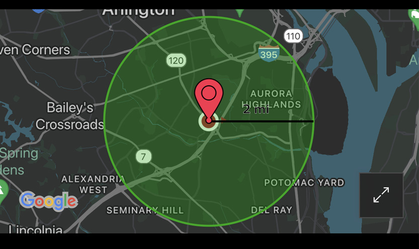 A map with a green circle coming out of a red map marker.