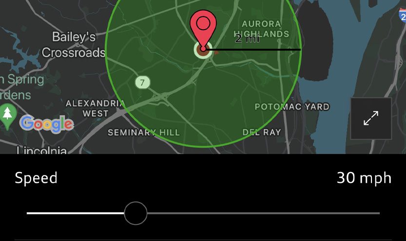 A map with a green circle coming out of a red map marker with a speed slider underneath.